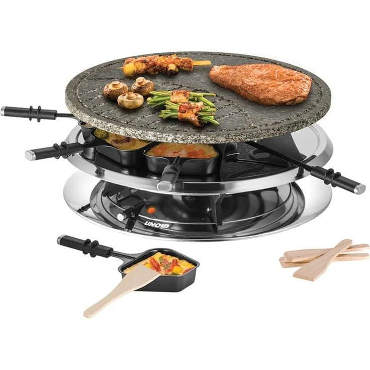 Unold RACLETTE Multi 4 in 1 für bis zu 8 Personen Fondue, Heißer Stein und Grill, Heizelement aus Edelstahl, Fonduetopf mit Decke, antihaftbeschichtete Grillplatte – Bild 3