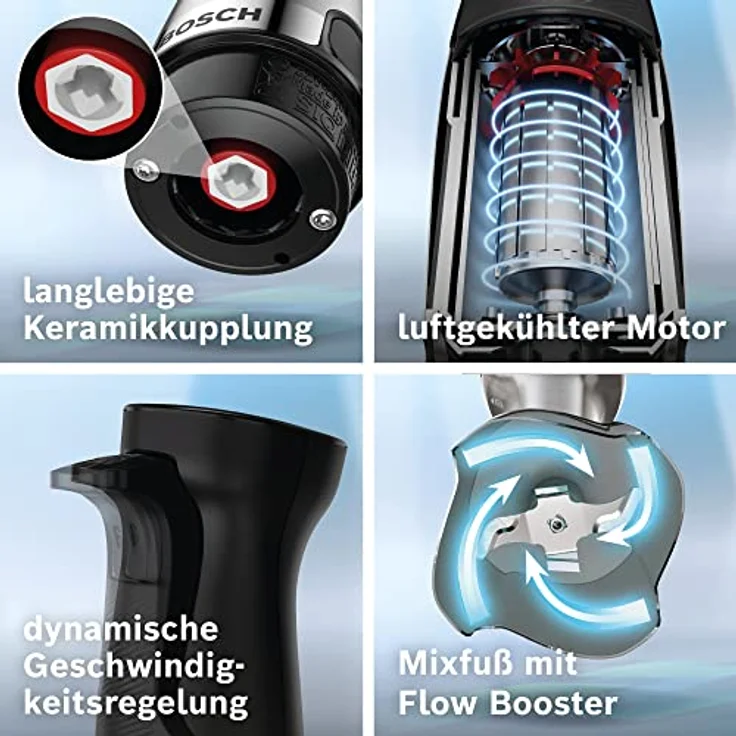 Bosch Stabmixer ErgoMaster Serie 6 MSM6M673, 10 Jahre Motorgarantie, Edelstahl-Klingen, verschleißfreie Keramik-Kupplung, Luftkühlung, Zerkleinerer, Kartoffelstampfer, Schneebesen, 1000 W, Edelstahl – Bild 5