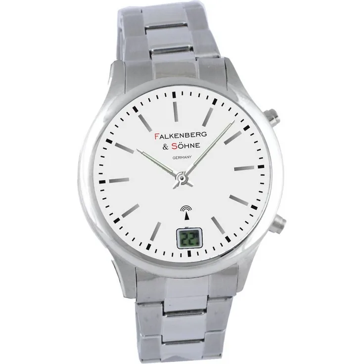 Falkenberg & Söhne Funkarmbanduhr mit japanischem Funk-Quarzuhrwerk, präziser Zeitansage, metallischem Gehäuse und Armband in Silber, 41 mm