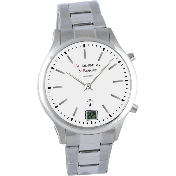 Falkenberg & Söhne Funkarmbanduhr mit japanischem Funk-Quarzuhrwerk, präziser Zeitansage, metallischem Gehäuse und Armband in Silber, 41 mm – Bild 1