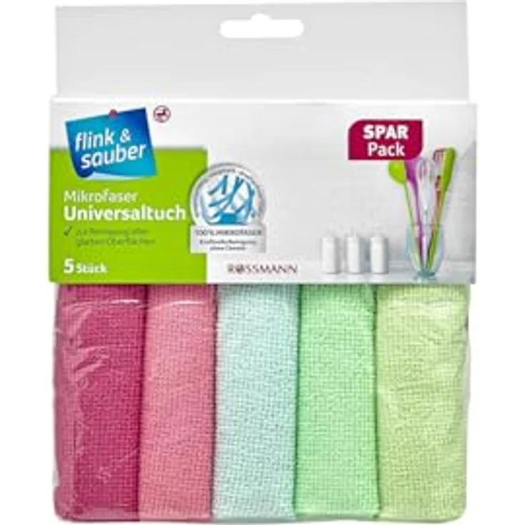flink & sauber Mikrofaser Universaltuch Spar Pack, 5 Stück, zur streifenfreien Reinigung aller glatten Oberflächen, 100% Mikrofaser, ohne Chemie, saugstark und strapazierfähig – Bild 2