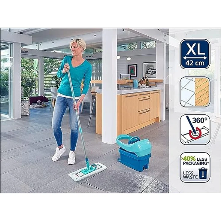 Leifheit Bodenwischer Profi XL mit 2 Wischbezügen, 1x Mikrofaser Bezug für alle glatten Böden & 1x elektrostatisches Staubtuch, Stahlstiel 146cm, Wischbreite 42cm, Mopp in Karton – Bild 3