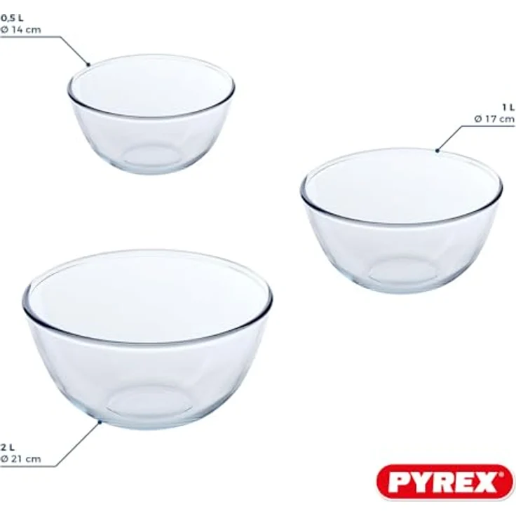Pyrex 8023509 Rührschüssel aus Glas, 0,5 l, 1 l, 2 l, Borosilikatglas, sehr robust, hergestellt in Frankreich, 3-teiliges Set – Bild 3