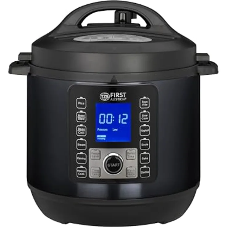 TZS FIRST AUSTRIA Multikocher Druckkochtopf 6L, 12 Programme, Schnellkochtopf, Dampfgarer, 1000 W, Grau-Schwarz
