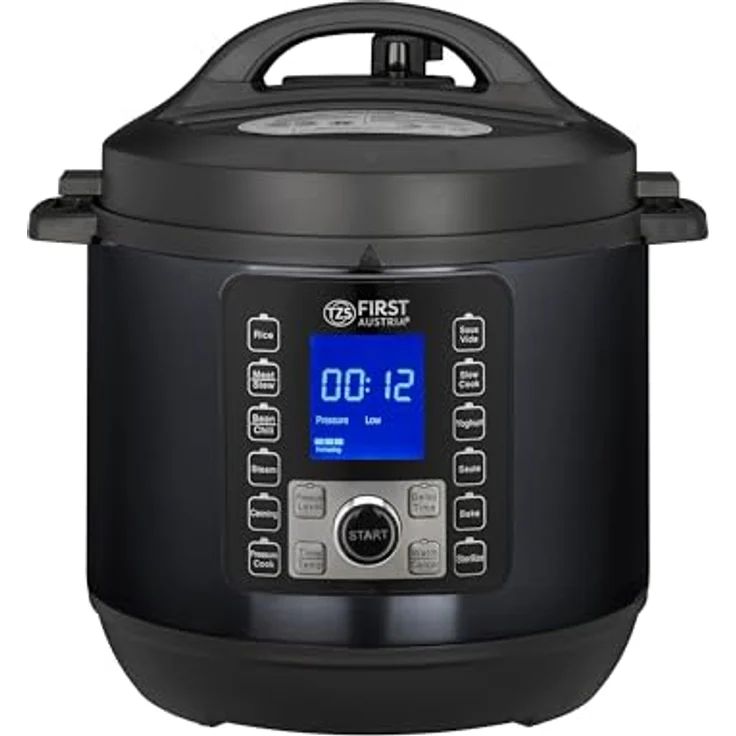 TZS FIRST AUSTRIA Multikocher Druckkochtopf 6L, 12 Programme, Schnellkochtopf, Dampfgarer, 1000 W, Grau-Schwarz – Bild 1