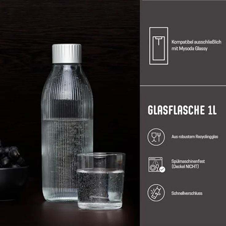 Mysoda Glassy Wassersprudler aus Holzkomposit und Aluminium - Schwarz, mit 1-Liter-Glasflasche & BPA-freier 1-Liter-Plastikflasche – Bild 3