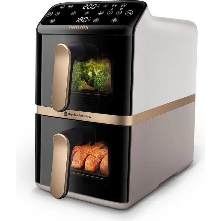 Philips Heißluftfritteuse NA462/80 4000 Series, 10L Stacked Dual Basket, 2750 W, RapidAir Technologie, Schwarz/Dunkelgrau, kupfer Griff