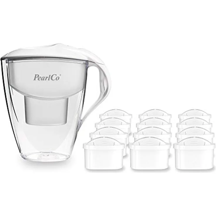 PearlCo Wasserfilter Astra (weiß) Sparpaket - 12 unimax Filterkartuschen - reduziert Schadstoffe und Kalk - BPA-frei