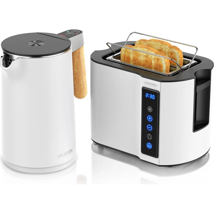Arendo Frühstücks-Set, Edelstahl Wasserkocher mit Temperatureinstellung 1,5l und 2-Scheiben Toaster mit Brötchenaufsatz, Touch, weiß