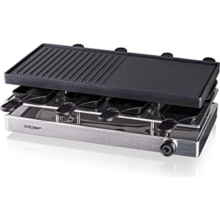 Cloer 6458 Raclettegrill mit Aluminium-Druckguss Platte, 1200 W, 8 antihaftbeschichtete Raclettepfännchen, Kunststoffspachtel, unbeheizter Parkplatz, Aluminium – Bild 2