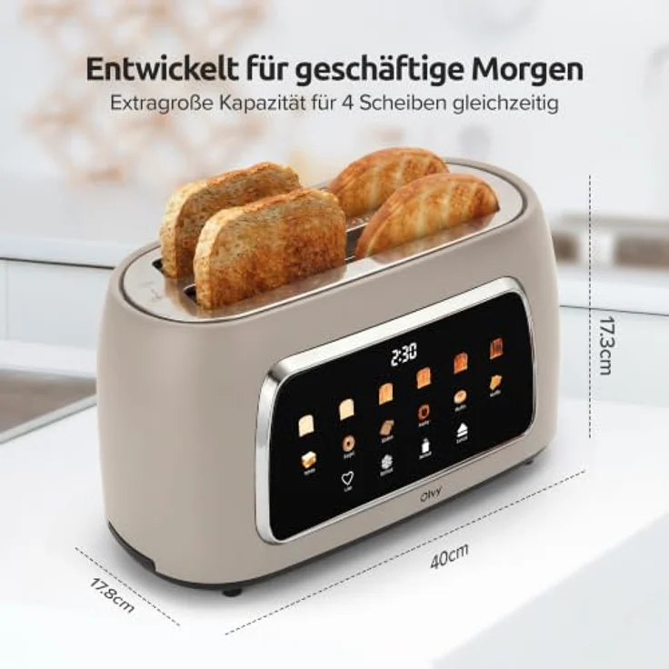 Olvy Premium Toaster mit LCD-Display, 6 Programmen und extrabreiten Schlitzen, Beige, 1500W – Bild 2
