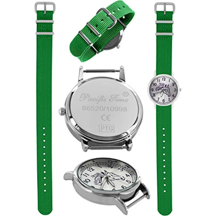 Pacific Time Mädchen Uhr 10303, Analog Quarz mit Pferdemotiv, grünes Textil Wechselarmband, 3,2 cm Gehäusedurchmesser, leuchtende Zeiger, verstellbar von 12,5 cm bis 19,5 cm – Bild 3