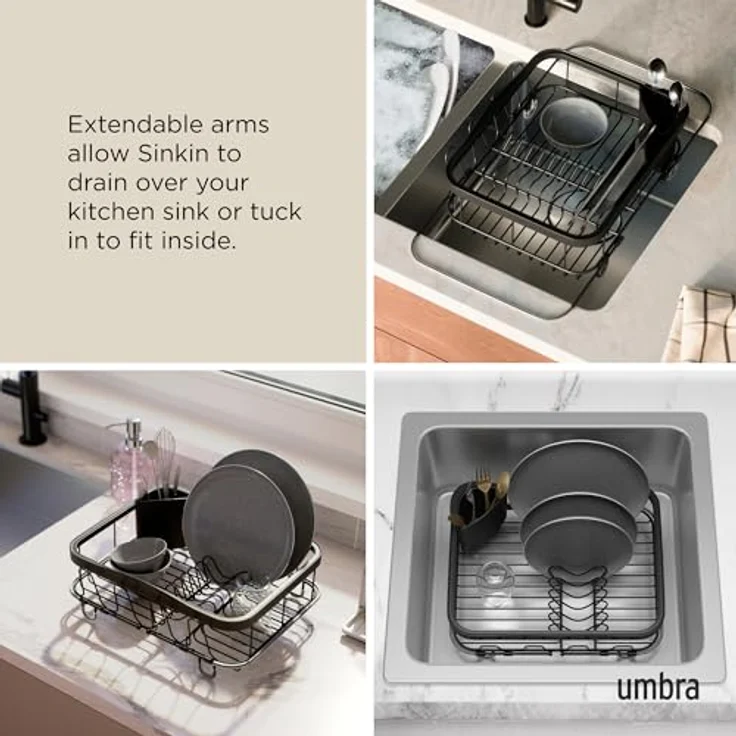 Umbra Sinkin, Multifunktionaler Geschirrständer aus Metall, schwarz, mit herausnehmbarem Besteckhalter und ablauföffnungen, platzsparendes Design, kompatibel mit allen Spülen (36 x 29 x 14 cm) – Bild 4