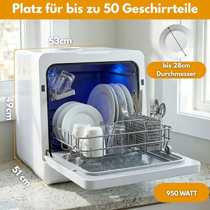 Sommertal SP9 XXL Mini Geschirrspüler, 7 Programme bis 5 Personen, 950 W, 5L Tank, Touch-Bedienung, Selbstreinigung, LED-Innenbeleuchtung – Bild 2