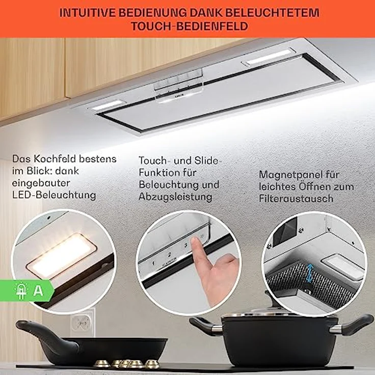Klarstein Dunstabzugshaube 70cm, Abluft-Dunstabzugshaube mit Spülmaschinenfestem Aluminium Filter, Leise Abzugshaube für Abluft, 508 m³/h Luftstrom, Wandhauben mit LEDs, Dunstabzug zur Wandmontage – Bild 4