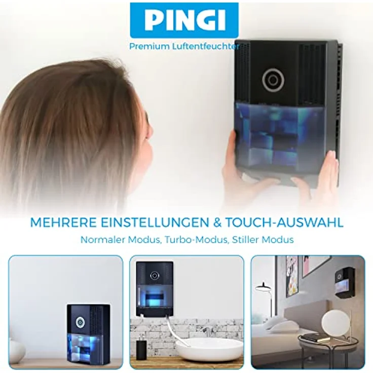Pingi Vida2 Luftentfeuchter, inkl. Wandhalterung, bis 30 m², 18 W, 1 L Volumen, Tankbeleuchtung, Nachtmodus, Schwarz (CXTV-N1000EU) – Bild 3