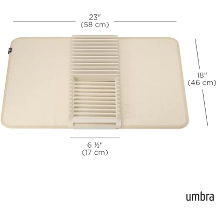Umbra Udry Geschirr Abtropfgestell und Mikrofaser Abtropfmatte – Faltbar, Platzsparend und Leicht Verstaubar, 60 x 45 cm, Hellbeige – Bild 3