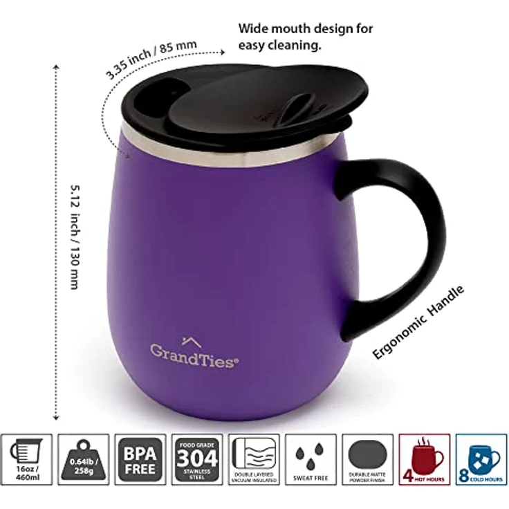 GRANDTIES Isolierter Kaffeebecher mit Griff – Schiebedeckel für spritzwassergeschützte 473 ml -Form Thermosbecher mit doppelwandigem Vakuum-Edelstahl, hält Getränke heiß & kalt – Sparkling Grape – Bild 5