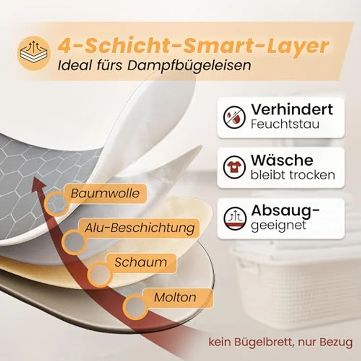 arteneur® Bügelbrettbezug 130x45, Hitzereflektierend mit Gummizug, OEKOTEX100, 5 Größen, Polsterung, für Dampfbügelstation und Dampfbügeleisen, Grau-Weiß – Bild 4