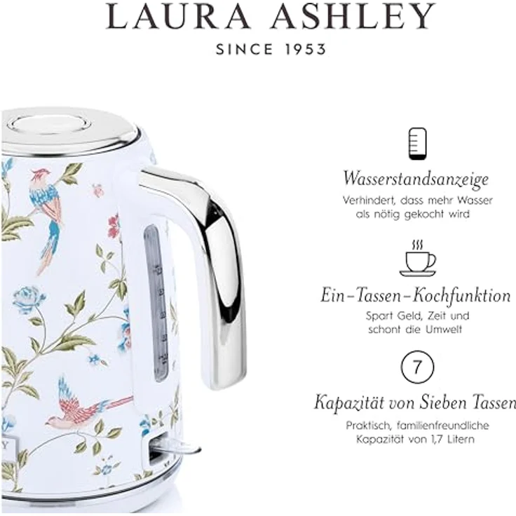 VQ Laura Ashley Elveden Weiß, Kabelloser Edelstahl-Wasserkocher 1,7 Liter mit 2,2 kW Schnellkochtechnologie und Überhitzungsschutz – Bild 5