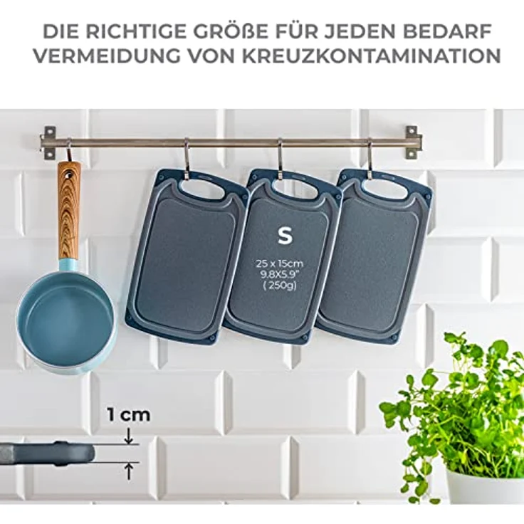 Exitoso Das Original Frühstücksbrettchen 6er Set Schneidebrett, Antibakteriell grau schwarz Kunststoff 25x15cm mit Saftrille, Spülmaschinenfest, rutschfest - Klein – Bild 3