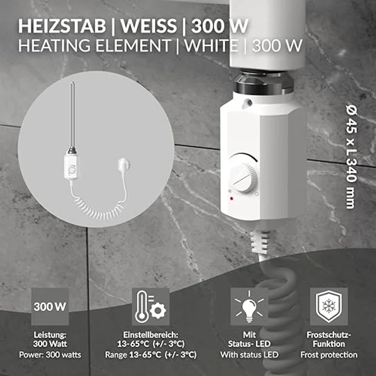 ECD Germany Heizstab 300W Weiß für Badheizkörper mit Thermostat und Frostschutz, Elektronischer Temperaturregler – Bild 2