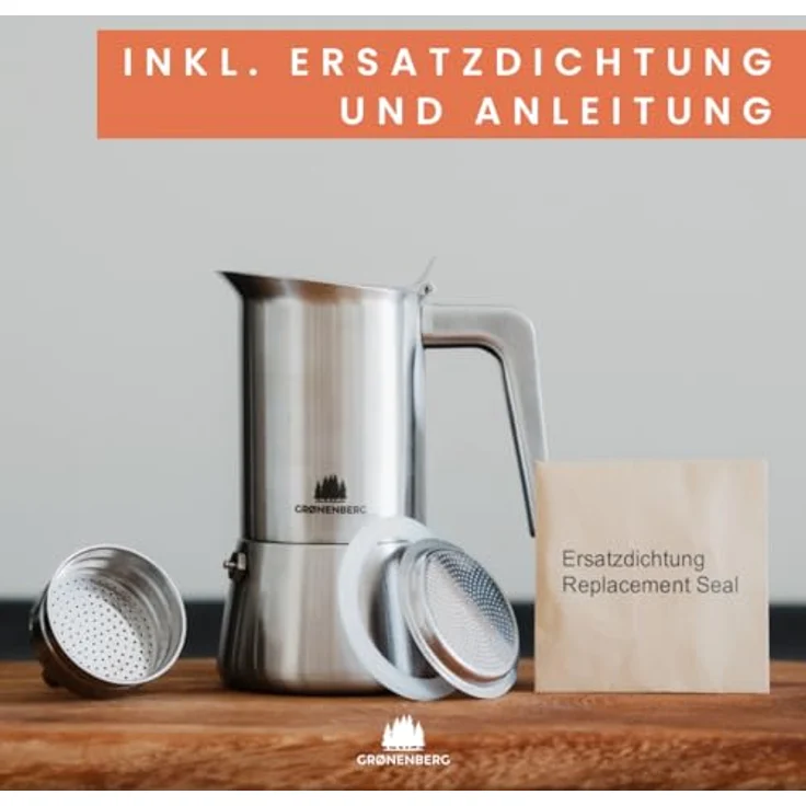 GRØNENBERG Espressokocher Edelstahl, Induktion geeignet, 4 Tassen, 0.2l, inkl. Ersatz-Dichtung, aluminiumfrei und unbeschichtet – Bild 4