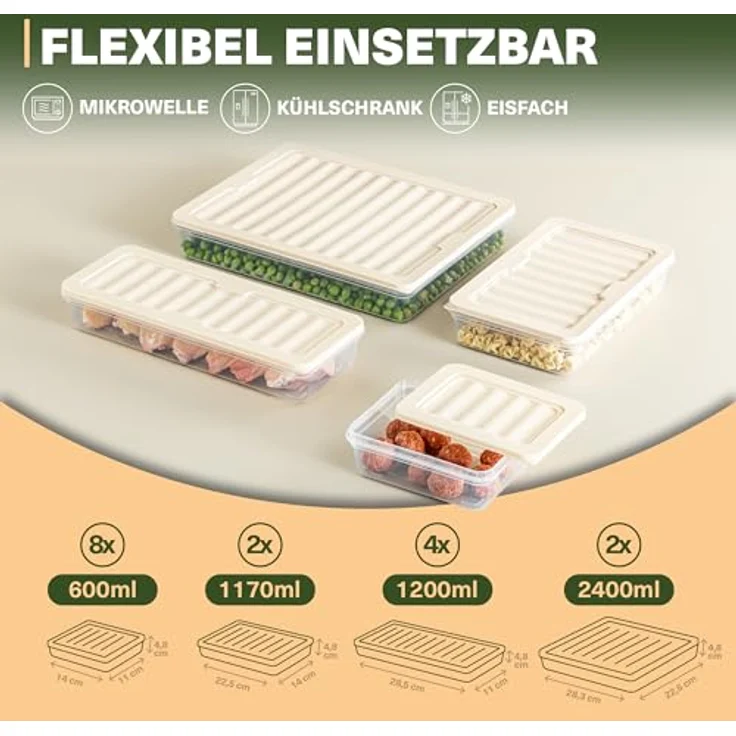 VIWARES Stapelbare Gefrierdosen 16er Set, Lebensmittel Organizer Beige, frostfest bis -25°C, wiederverwendbare Frischhaltedosen für Kühlschrank und Gefrierschrank – Bild 2