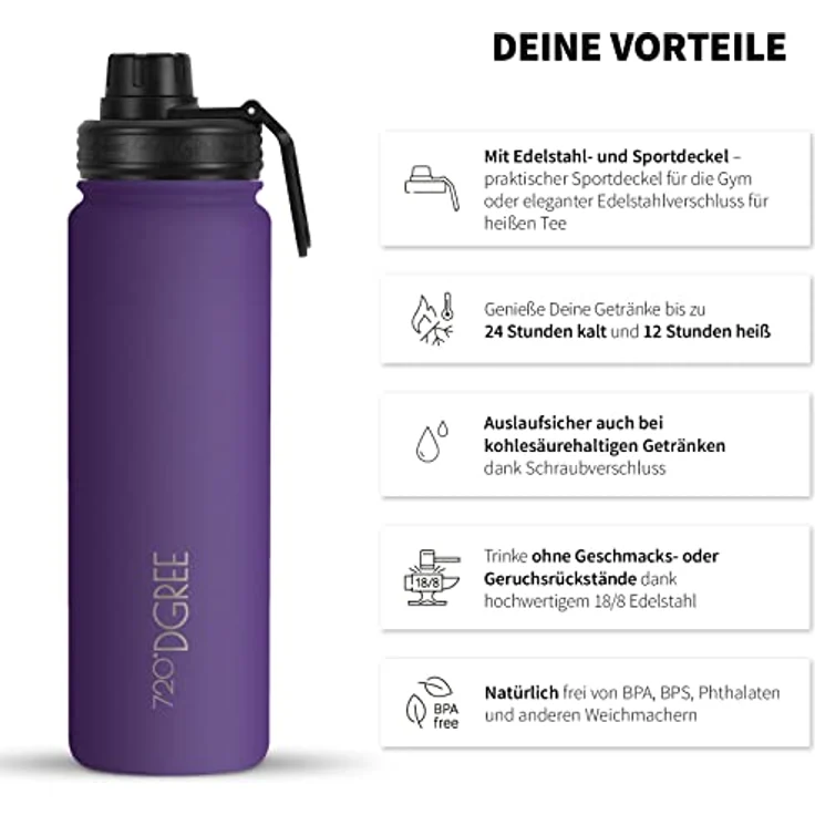 Trinkflasche Doppelwandig Edelstahl 950ml Isolierflasche m. Gratis Sportdeckel 720 DGREE noLimit ultra violet – Bild 2