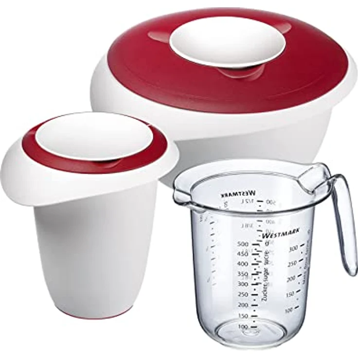 Westmark Back-Set, 3-tlg.: 1 Rührschüssel 2,5 l, 1 Quirltopf 1 l, 1 Messkanne 1 l, Kunststoff, Weiß/Rot/Klar, 315322E7 – Bild 1