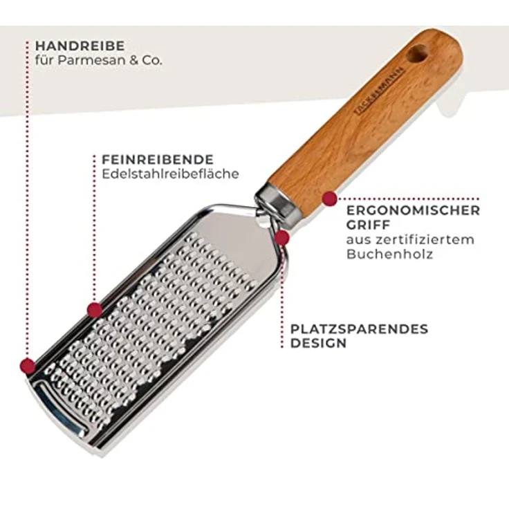 Fackelmann Handreibe für Parmesan, Käse und Zester – Käsereibe Perfekt für Pizza Und Pasta – Reibe aus Edelstahl und Buchenholz Im Italienischen Look – Bild 2