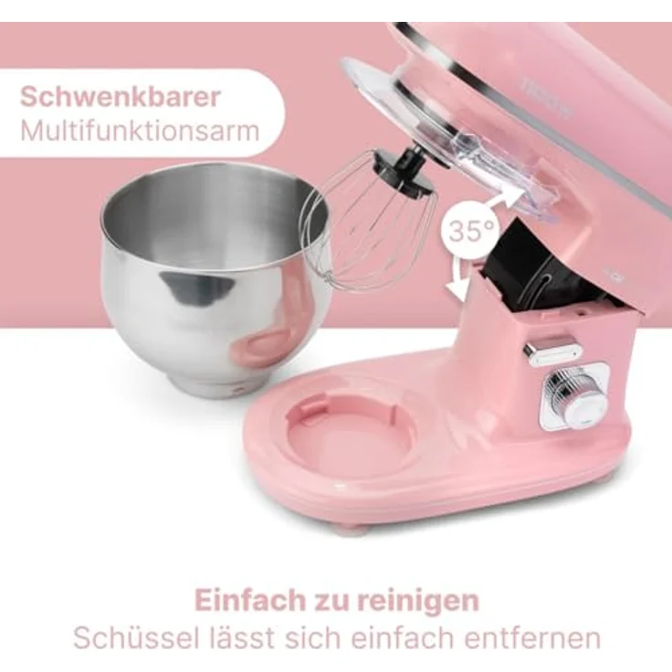 Clatronic KM 3711 Rock'n'Retro Knetmaschine inkl. transparentem Spritzschutzdeckel mit Nachfüllöffnung, 1100 Watt, 5 Liter, schwenkbarer Multifunktionsarm, Pink – Bild 4