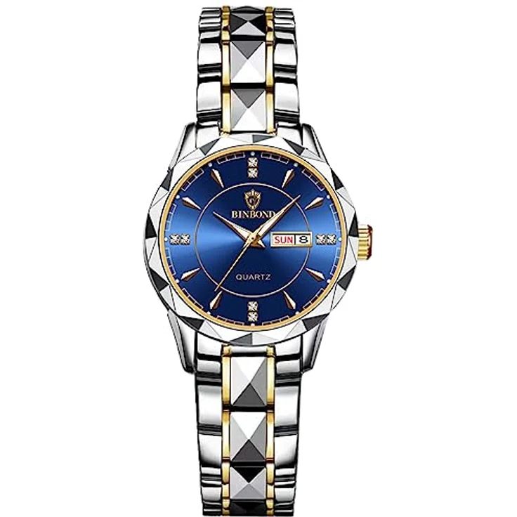 JewelryWe Damenuhr Edelstahl, Blau Analog Quarz Armbanduhr mit Datum, Woche Kalender und leuchtenden Zeigern, 30m wasserdicht – Bild 1