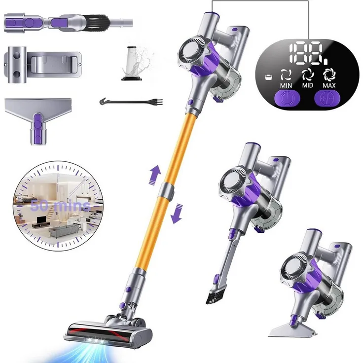 Goldstern-Tech A44 Akku-Hand- und Stielstaubsauger, 450 W, beutellos, 50 Min Laufzeit, LED-Display, HEPA-Filter