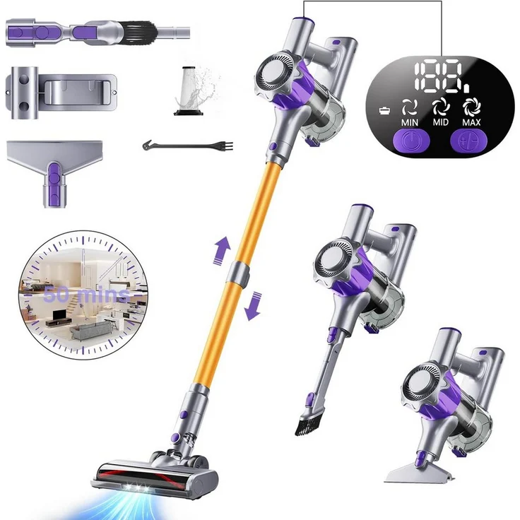 Goldstern-Tech A44 Akku-Hand- und Stielstaubsauger, 450 W, beutellos, 50 Min Laufzeit, LED-Display, HEPA-Filter