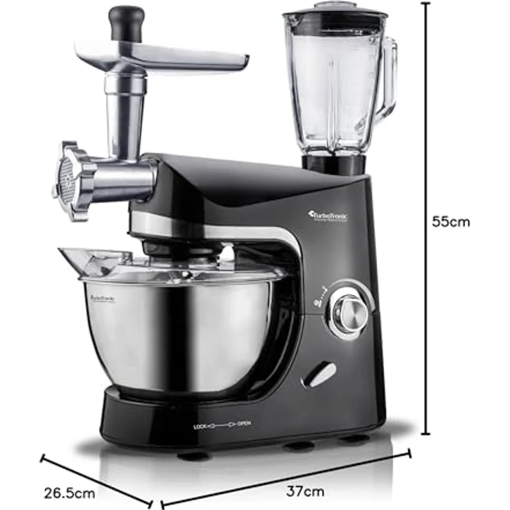 TurboTronic by Z-Line ProMix+ TT-007 Küchenmaschine, 2000 W mit 5 l Edelstahl-Rührschüssel, Fleischwolf & 1,5 l Glasmixer-Aufsatz, variabel einstellbar – Bild 9