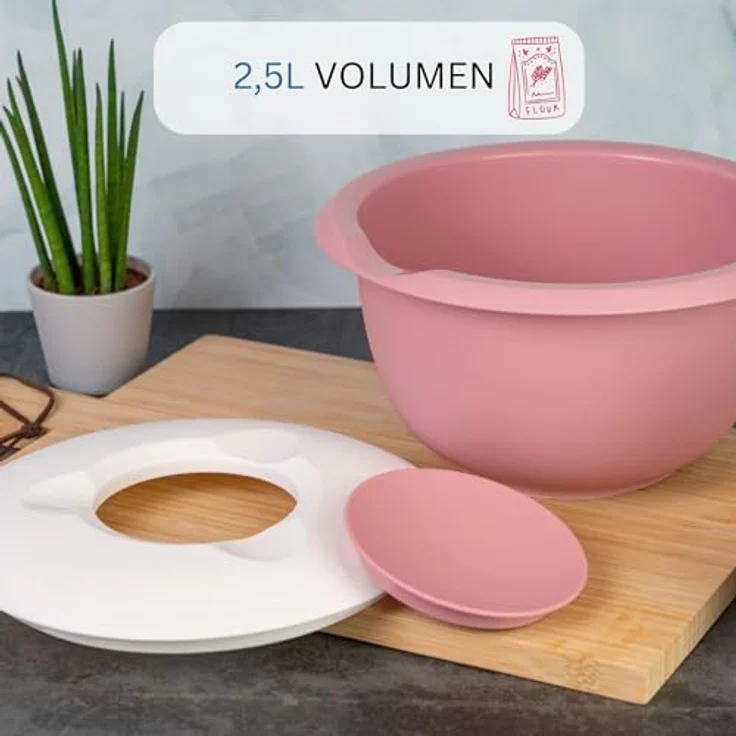 Westmark Rühr-/Backschüssel mit zweigeteiltem Deckel, 2,5 l, Mit Ausgießer, Kunststoff, Rosa/Weiß, 3153227P, Große Rührschüssel mit Spritzschutz-Ring und Deckel, Made in Germany, BPA-frei – Bild 5