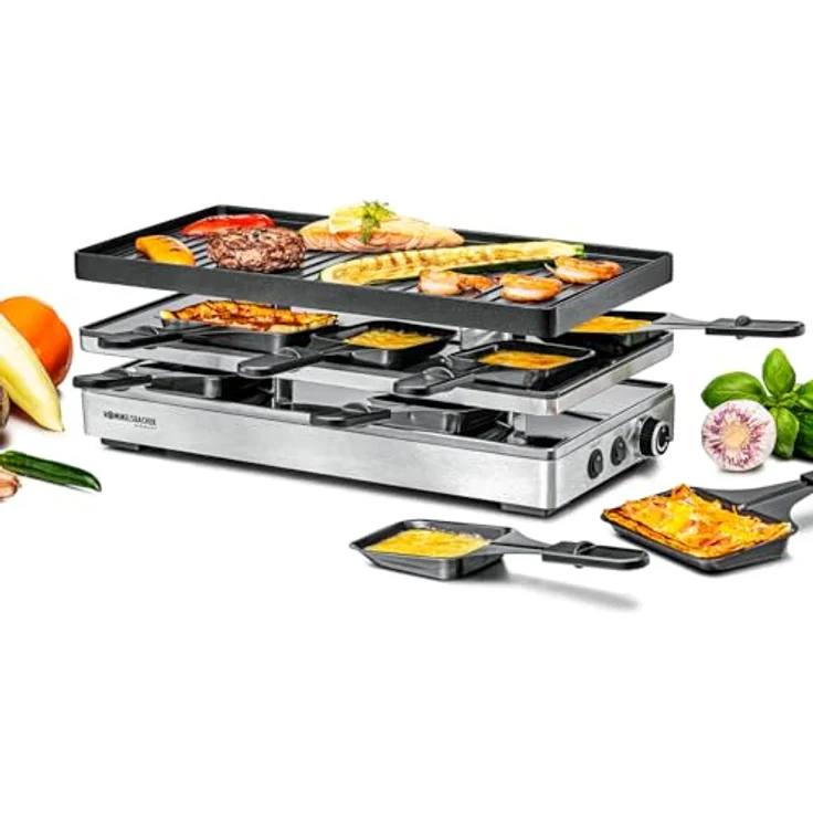 Rommelsbacher Pizza Raclette RCP 1800, Wendeplatte mit Grillmuster/Crêpes, keramische Antihaftbeschichtung (PFAS-frei), 2 m Kabel, stufenlose Temperaturregelung, 8 Pfännchen – Bild 1
