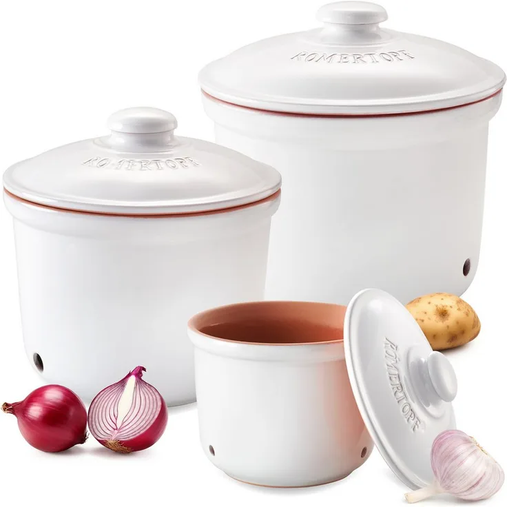 RÖMERTOPF Vorratsdose Frische-Topf 3er Set, Weiß, Keramik, atmungsaktive Terrakotta für optimale Lagerung von Kartoffeln, Zwiebeln und Knoblauch