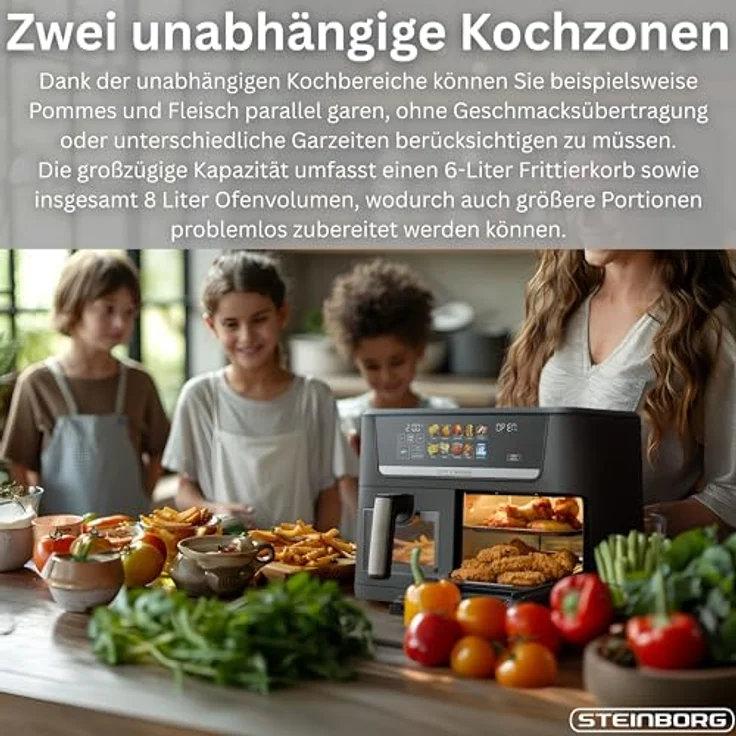 Steinborg® XXL Heißluftfritteuse Dual Zone 14L (8L + 6L), 1700W, 2 Kammern, Digital Display, 10 Programme, 60–200°C, ohne Öl frittieren, spülmaschinenfester Korb – Bild 3