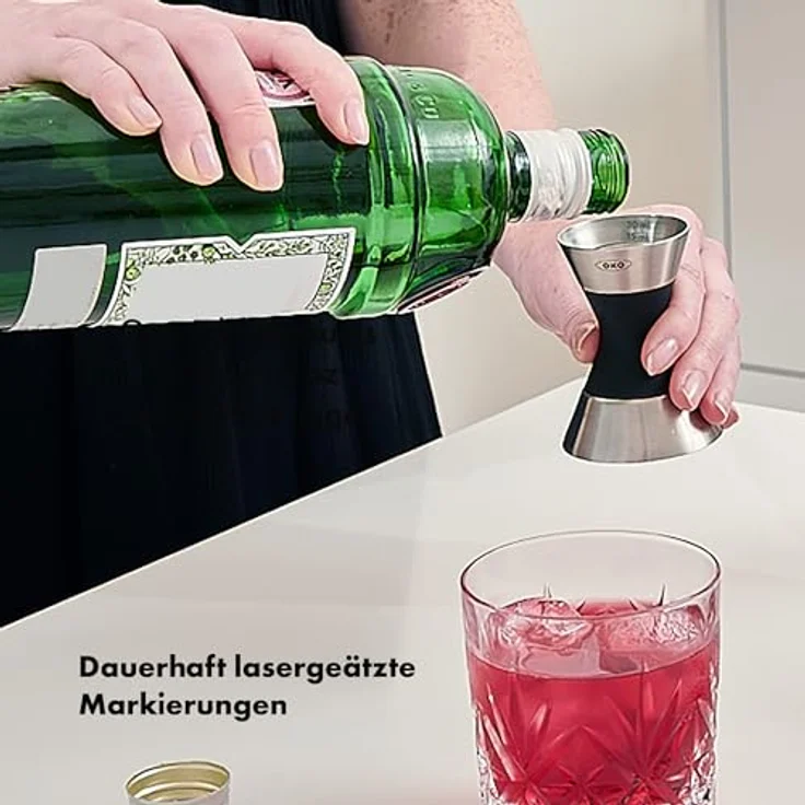 OXO Steel Doppel-Jigger, Edelstahl Messbecher mit 1/3, 3/4, 1-1/2, 1/4, 1/2 und 1 Unze Messungen, spülmaschinenfest mit rutschfestem Griff – Bild 3