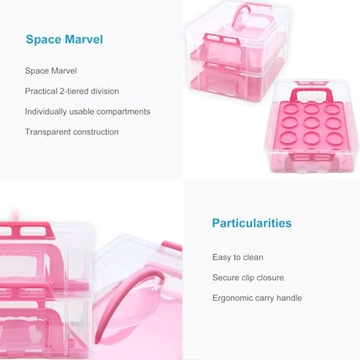 INTIRILIFE Transportbox Behälter für Kuchen und Cupcakes 2 Etagen aus Kunststoff in Pink - 36.1 x 26.1 x 21.2 cm - Großzügiger Stauraum für bis zu 24 Cupcakes - Flexibles und sicheres Design - Leicht zu reinigen – Bild 3