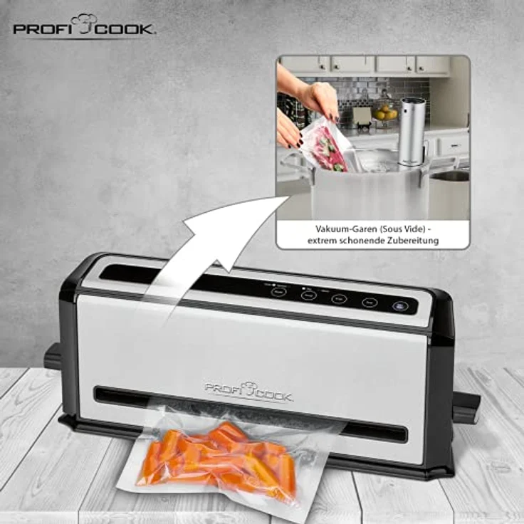 Profi Cook PC-VK 1133 Edelstahl-Vakuumiergerät, Lebensmittel bleiben vakuumiert bis zu 8x länger frisch, Elektronisches Sensor Touch-Bedienfeld – Bild 5
