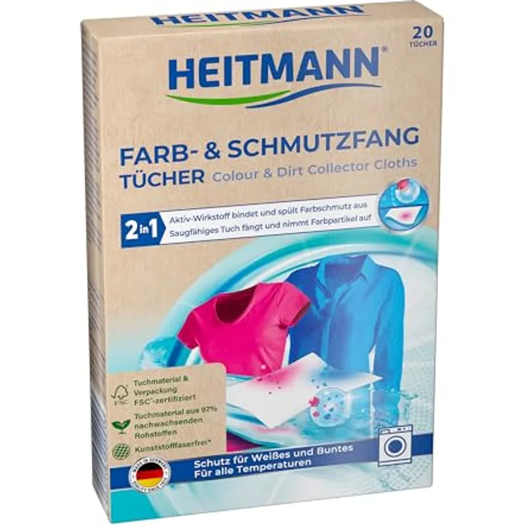 HEITMANN Farb- und Schmutzfangtücher, 20 Stück, zweifach aktiver Wäscheschutz gegen Verfärbungen und Vergrauungen, FSC-zertifiziert, ohne Kunststofffasern