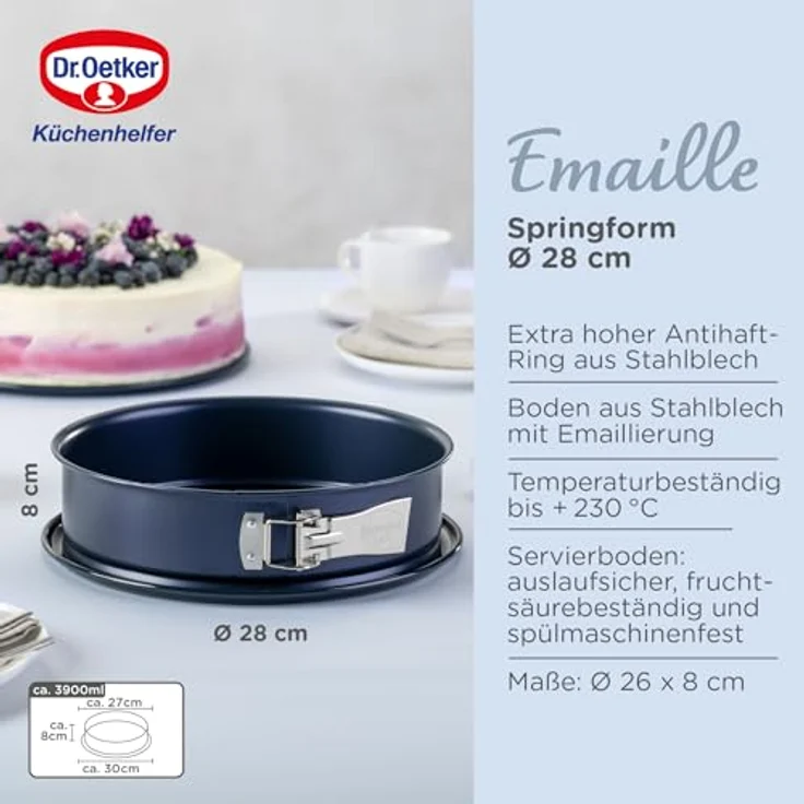 Dr. Oetker Springform Ø 28 cm BACK-LIEBE EMAILLE, Backform mit schnitt- & kratzfestem Flachboden mit le-Versiegelung, runde Kuchenform mit Ring aus Stahlblech (Farbe: Blau), Menge: 1 Stück – Bild 4