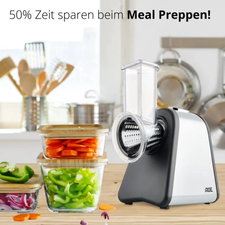 ADE Gemüsereibe Elektrische Reibe (500 Watt Leistung, Gehäuse aus Edelstahl, extrascharfe Klingen), Inoxidable, silber – Bild 5