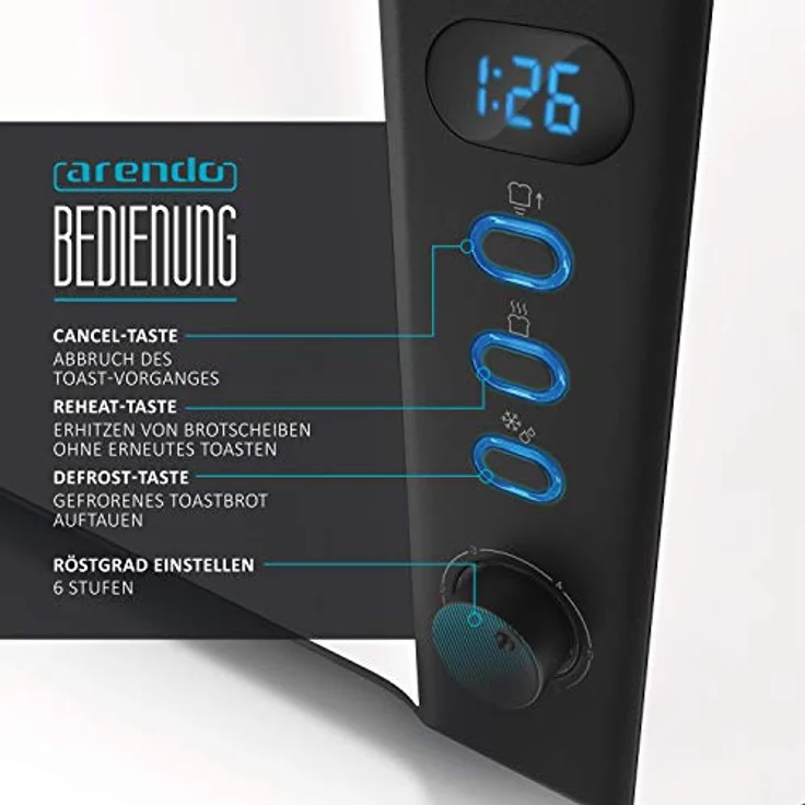 Arendo Frukost 2-Scheiben-Edelstahl Langschlitz-Toaster - Defrost Funktion - 1000W - Integrierter Brötchenaufsatz - Display mit Restzeitanzeige - Weiß – Bild 2