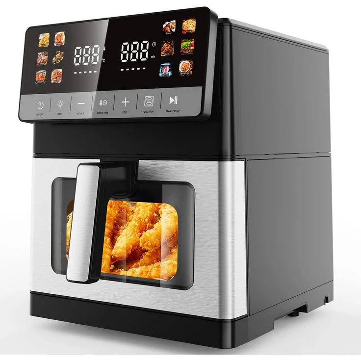oyajia Heißluftfritteuse 10L, Edelstahl, 1800 W, 12 Automatikprogramme, Temperatur einstellbar 30-200 °C, Sichtfenster, Touch Bedienfeld, silber-schwarz