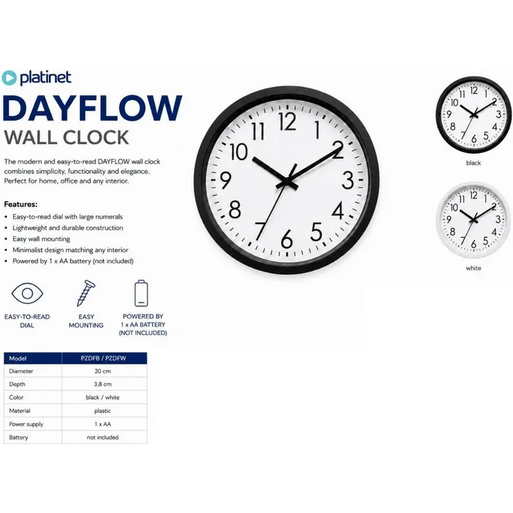 Platinet DAYFLOW, Analoge Wanduhr mit großen Ziffern und minimalistischem Zifferblatt, 20 cm, Kunststoff
