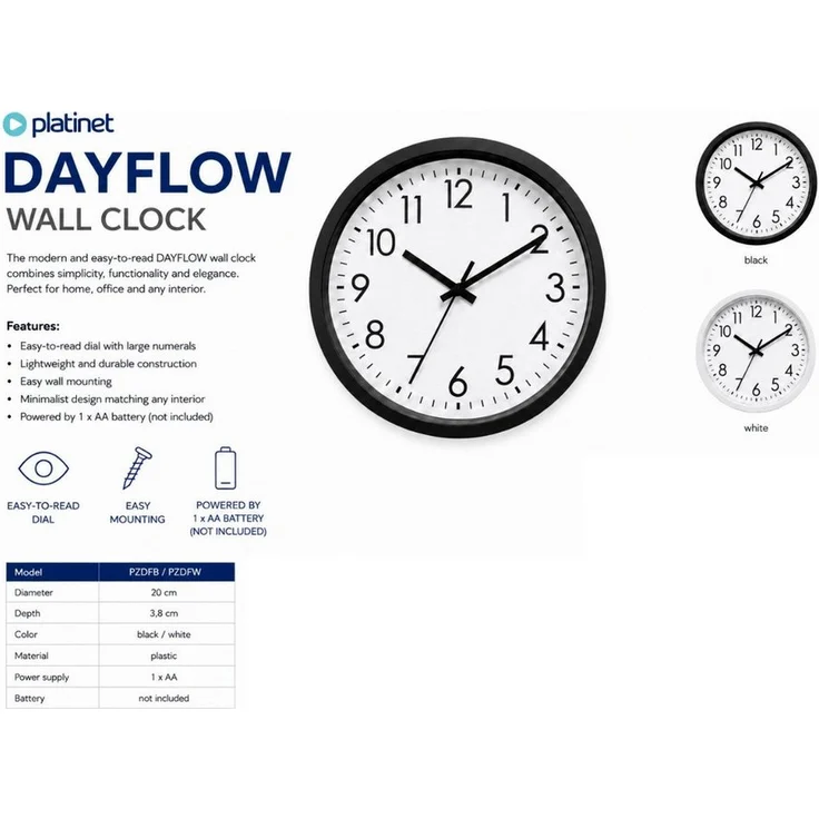 Platinet DAYFLOW, Analoge Wanduhr mit großen Ziffern und minimalistischem Zifferblatt, 20 cm, Kunststoff